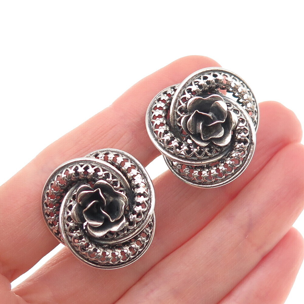 DANECRAFT Sterling Silver Antique Art Deco Flower Oxidized Screw Back Earrings